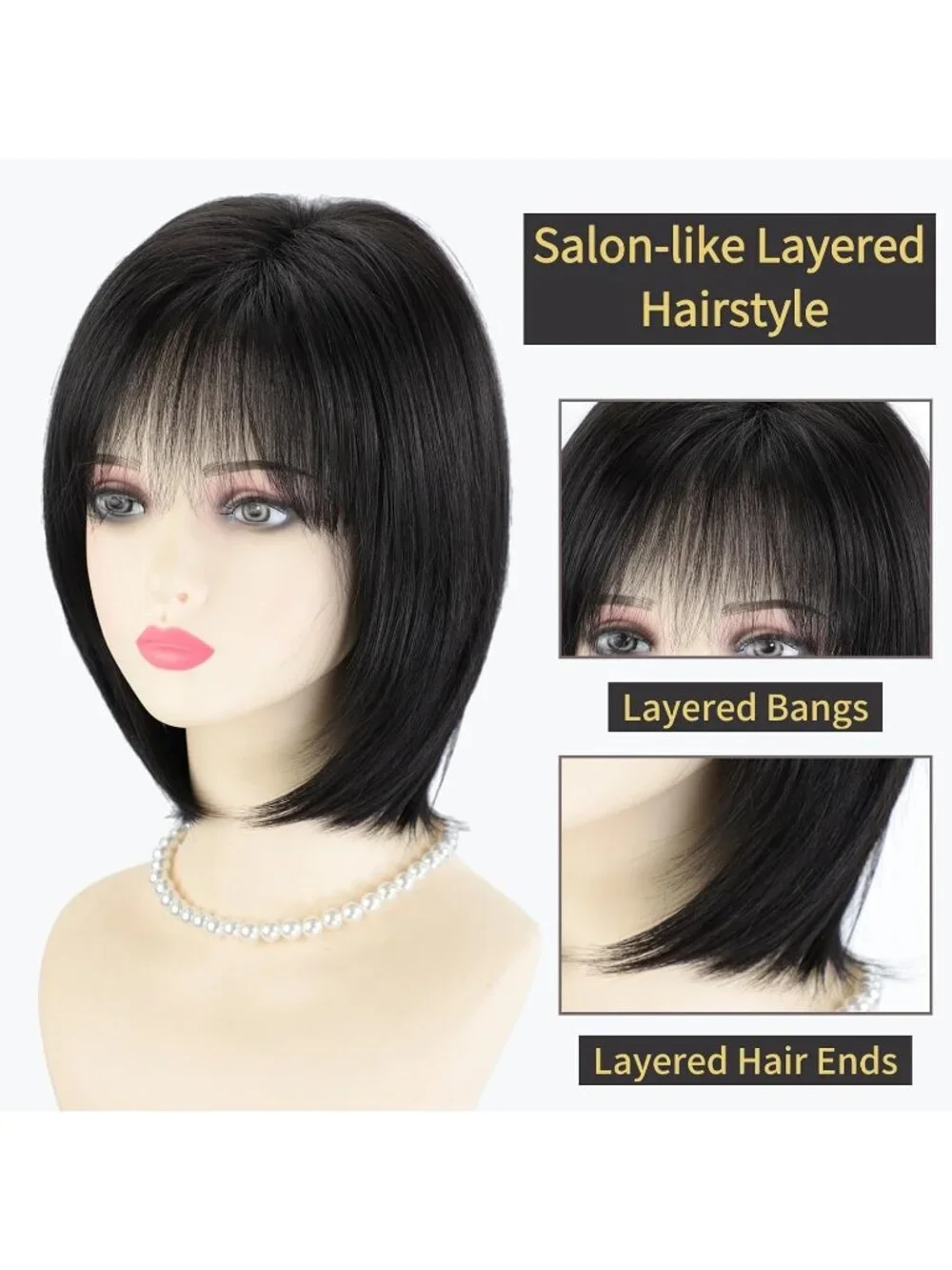 Women's Black 12 Inch Mid Length Heat Synthetic Straight Layered Bob Wigs